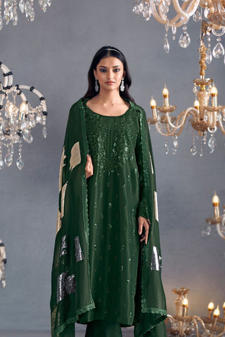 Green Pure Russian Silk Embroidery Kurta Set