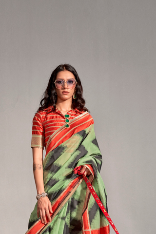 Green Printed Ajrakh Handwoven Silk Saree