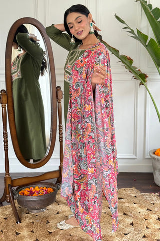 Green Chanderi French Creap Embroidery Kurta set