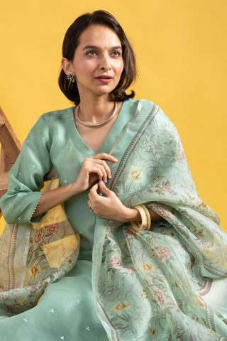 Green Viscose Chanderi Tebby Organza with Embroidery Kurta Set