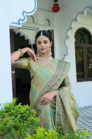 Green Organza Leheriya Woven Saree