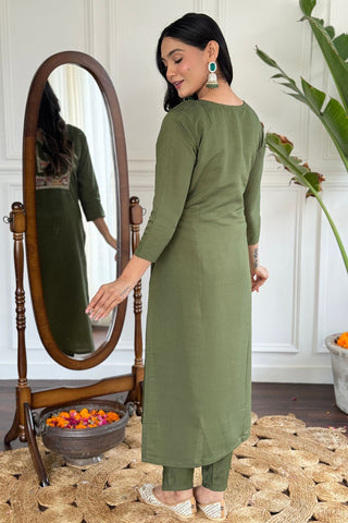 Green Chanderi French Creap Embroidery Kurta set