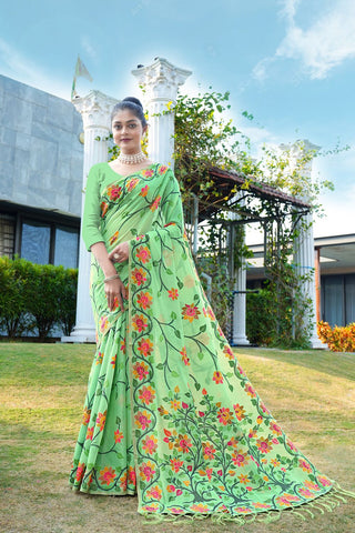 Green Soft Cotton Jamdani Floral Saree