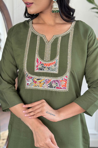 Green Chanderi French Creap Embroidery Kurta set