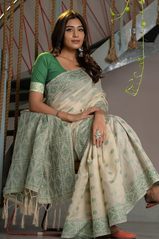 Green Soft Cotton Jamdani Saree