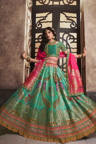 Green Silk Lehenga With Sequence Zarkan Work