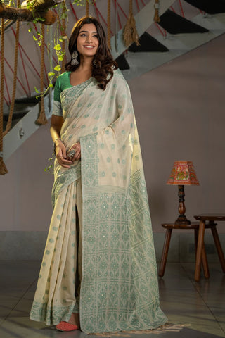 Green Soft Cotton Jamdani Saree