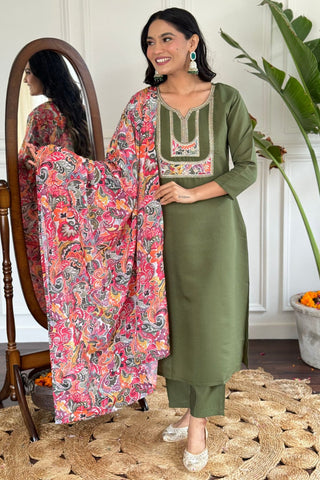 Green Chanderi French Creap Embroidery Kurta set