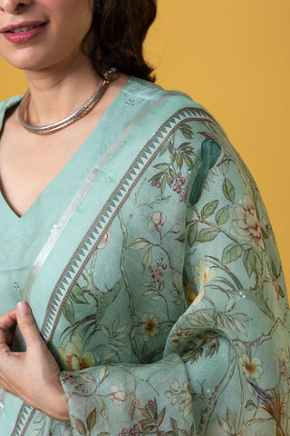 Green Viscose Chanderi Tebby Organza with Embroidery Kurta Set