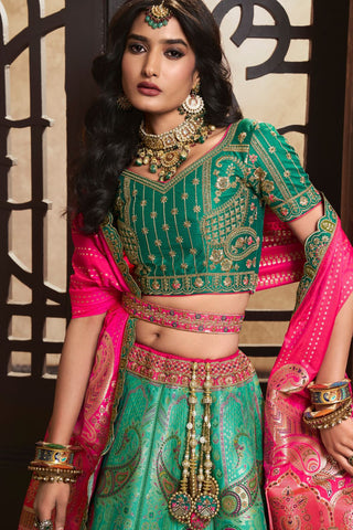 Green Silk Lehenga With Sequence Zarkan Work