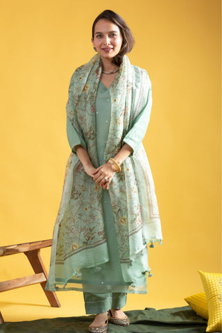 Green Viscose Chanderi Tebby Organza with Embroidery Kurta Set