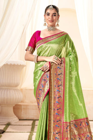 Green Pure Paithani Tissue Silk With Zari Border Saree