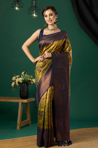 Green & Navy Blue Silk Handloom Weaving Saree