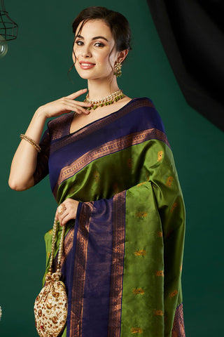 Green & Navy Blue Banarasi Silk Saree_Kumari Sarees