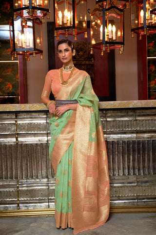 GREEN & PEACH PURE LINEN WEAVING SAREE