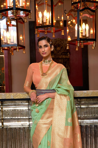 GREEN & PEACH PURE LINEN WEAVING SAREE