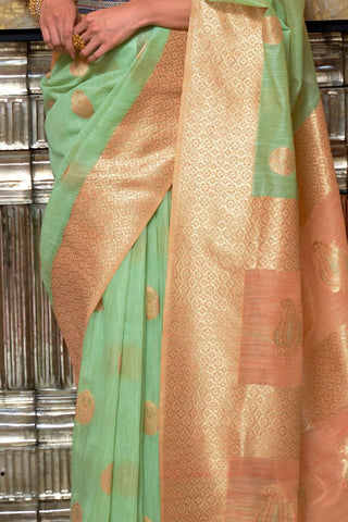 GREEN & PEACH PURE LINEN WEAVING SAREE