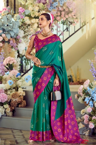 Green & Pink Soft Silk Ikkat Border Saree