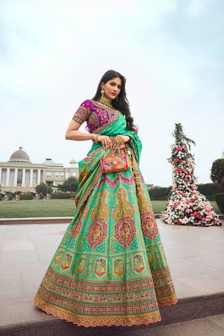 Green and Pink Banarasi Silk Lehenga with Zarkan Codding Work