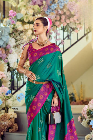 Green & Pink Soft Silk Ikkat Border Saree_Kumari Sarees