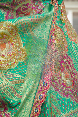 Green and Pink Banarasi Silk Lehenga with Zarkan Codding Work