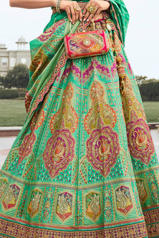 Green and Pink Banarasi Silk Lehenga with Zarkan Codding Work