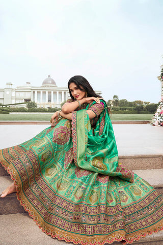 Green and Pink Banarasi Silk Lehenga with Zarkan Codding Work