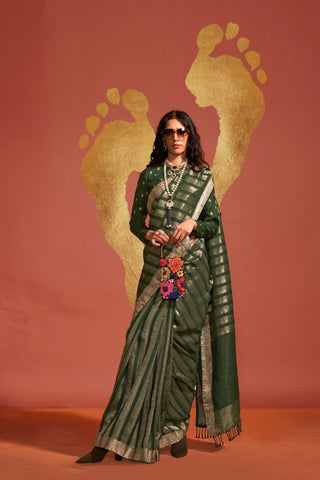 GREEN PURE VISCOSE HANDLOOM SAREE - UNSTITCHED WITH BLOUSE