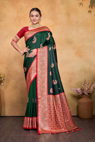 Green & Red Banarasi Silk Saree Zari With Rich Pallu_Kumari Sarees