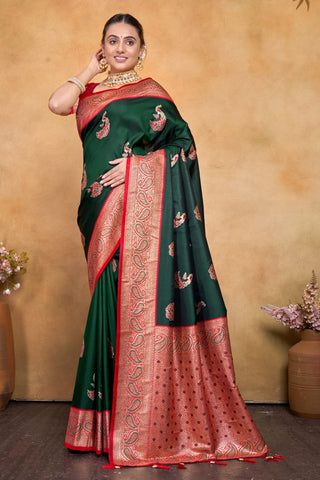 Green & Red Banarasi Silk Saree Zari With Rich Pallu_Kumari Sarees