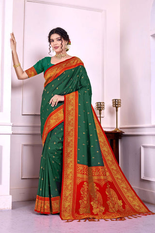 Green & Red Soft Silk Banarasi Pattu Saree_Kumari Sarees