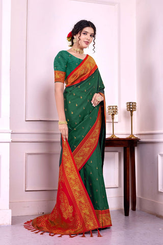 Green & Red Soft Silk Banarasi Pattu Saree_Kumari Sarees