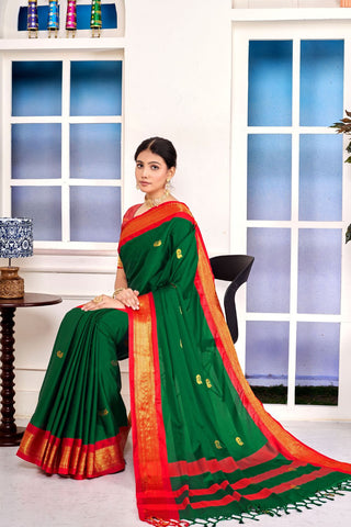 Green & Red Paithni Cotton Silk Gold Weaving Border_Kumari Sarees