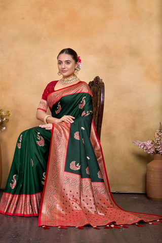 Green & Red Banarasi Silk Saree Zari With Rich Pallu_Kumari Sarees