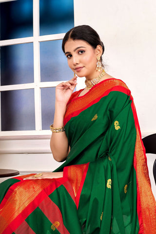 Green & Red Paithni Cotton Silk Gold Weaving Border_Kumari Sarees