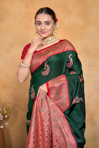 Green & Red Banarasi Silk Saree Zari With Rich Pallu_Kumari Sarees