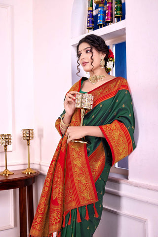 Green & Red Soft Silk Banarasi Pattu Saree_Kumari Sarees