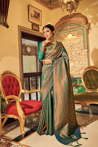 Green Soft Handloom Weaving silk with Copper Zari