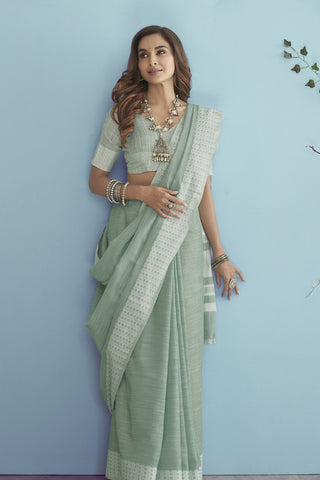 Green Soft Linen silk with Chikhankhari Weaved Border