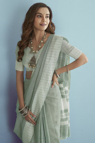 Green Soft Linen silk with Chikhankhari Weaved Border