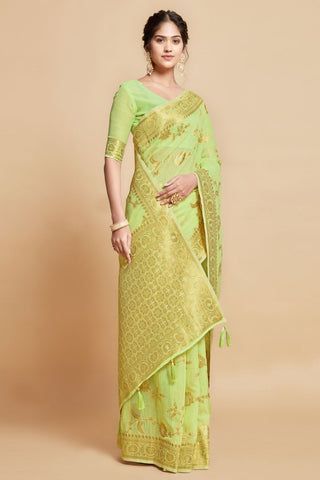 GREEN LINEN CHANDERI SAREE