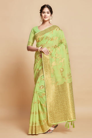 GREEN LINEN CHANDERI SAREE