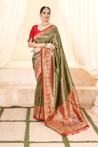 Green & Red  Pure Paithani Tissue Silk With Zari Border Saree