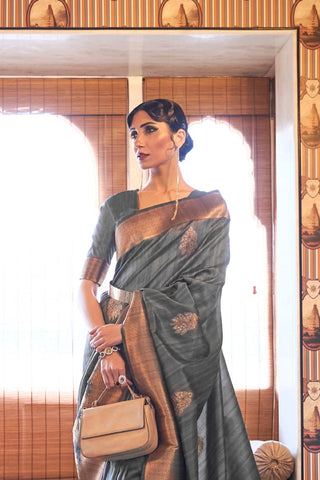 GREY TUSSAR SILK COPPER ZARI WEAVING SAREE