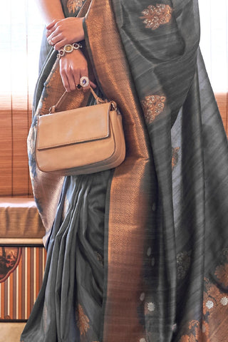 GREY TUSSAR SILK COPPER ZARI WEAVING SAREE