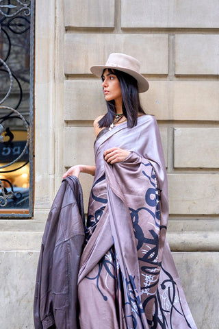 GREY & BLACK JAPAN SATIN PRINT SAREE