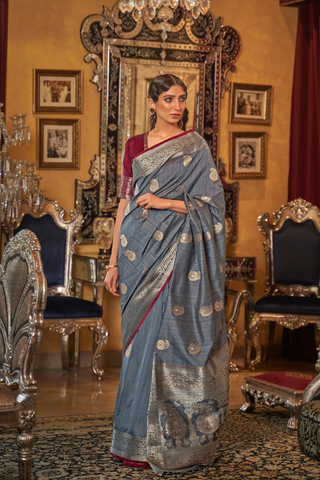 GREY TUSSAR SILK HANDLOOM WEAVING SAREE