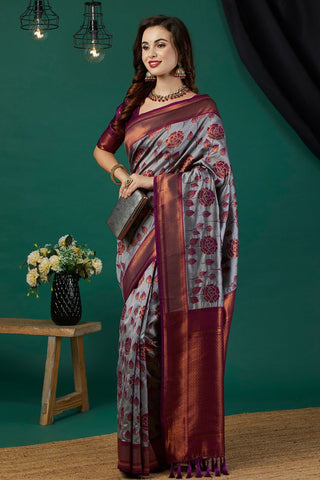 Grey Banarasi Silk Saree_Kumari Sarees