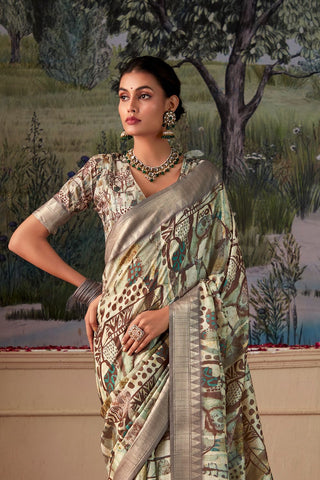 GREY HANDLOOM TUSSAR WITH DIGITAL PRINT SAREE