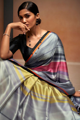 GREY SATIN CREPE DIGITAL PRINT SAREE